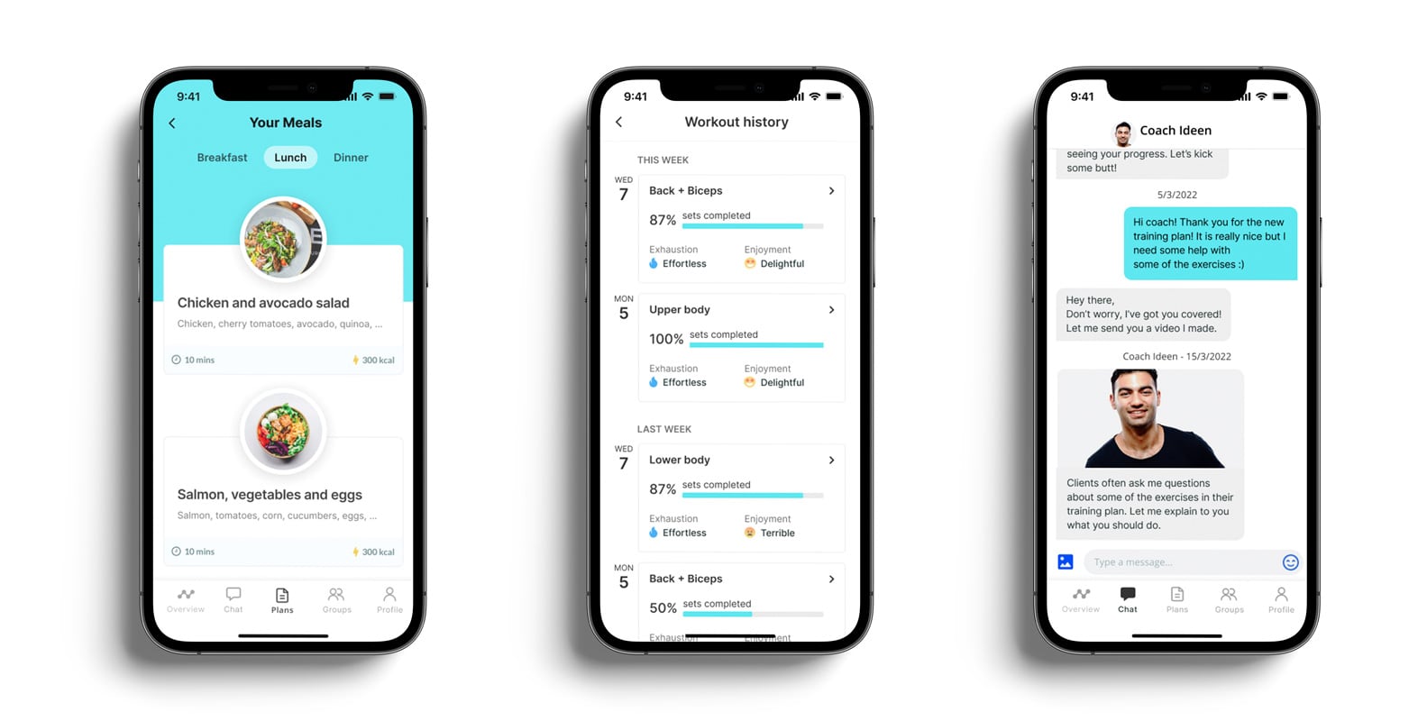 A mockup of the coaching app showcasing the different features.